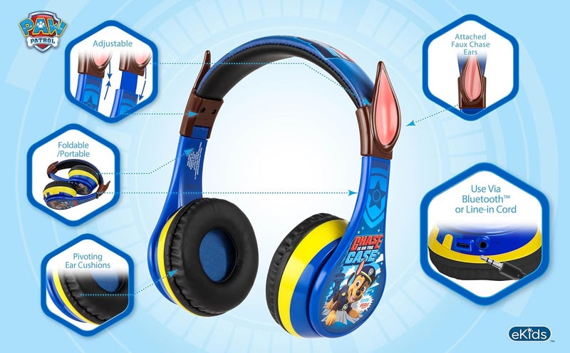 eKids Paw Patrol Kids Bluetooth Headphones, Wireless Headphones with Microphone Includes Aux Cord, Volume Reduced Kids Foldable Earphones for School, Home, or Travel - Image 3